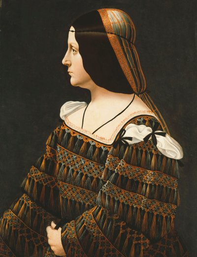 Retrato de una dama, medio cuerpo, de perfil, con un vestido negro decorado con encaje, con borlas colgantes y hombros abiertos y una redecilla naranja y gris de Bernardino de Conti