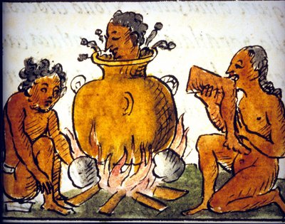Canibalismo ritual entre los aztecas. Manuscrito de Bernardino de Sahagún. Siglo XVII. (detalle) de Bernardino de Sahagun