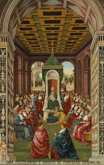 Enea Piccolomini ante el Papa Eugenio IV de Bernardino di Betto (after) Pinturicchio