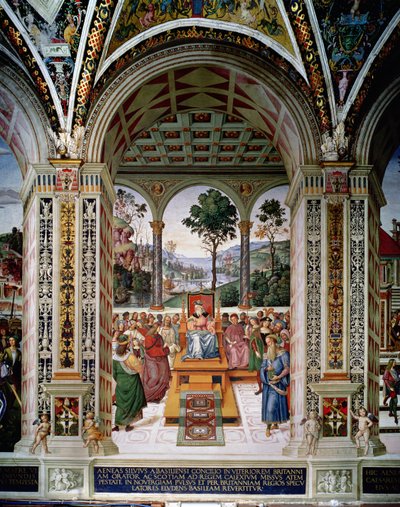 Eneas Sylvius Piccolomini (1405-64) pronuncia un discurso ante el rey Jaime I de Escocia (1394-1437) en 1435 de Bernardino di Betto Pinturicchio