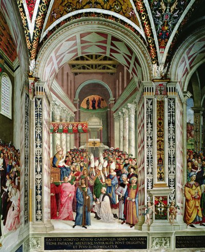 Eneas Sylvius Piccolomini (1405-64), elegido Papa con el nombre de Pío II, entra en San Pedro, el 3 de septiembre de 1458 de Bernardino di Betto Pinturicchio