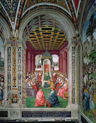 Eneas Sylvius Piccolomini (1405-64) hace un acto de sumisión al Papa Eugenio IV (1383-1447) 7 de febrero de 1447 de Bernardino di Betto Pinturicchio