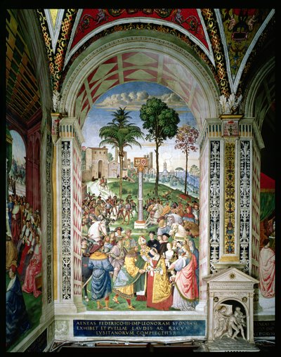 Eneas Silvio Piccolomini (1405-64) Presenta a Eleonora de Aragón a Federico III (1415-93) el 24 de febrero de 1452 (fresco) de Bernardino di Betto Pinturicchio
