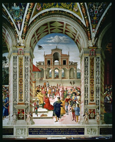 Eneas Sylvius Piccolomini (1405-64) es coronado poeta laureado por Federico III (1415-93) en 1442 de Bernardino di Betto Pinturicchio