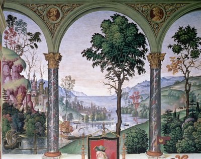 Paisaje de fondo visto a través de la logia, detalle de "Aeneas Sylvius Piccolomini (1405-64) Deliversivers an Oration before King James I of Scotland (1394-1437) in the winter of 1435 de Bernardino di Betto Pinturicchio