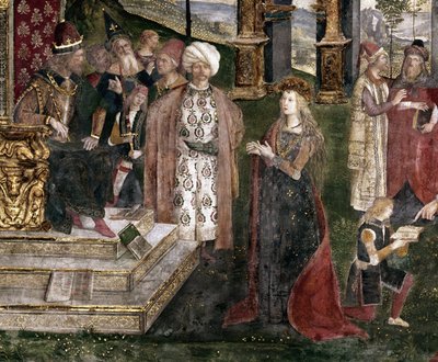 (detalle) de la disputa de Santa Catalina de Alejandría con el filósofo, frente al Emperador Romano Majencio de Bernardino di Betto Pinturicchio