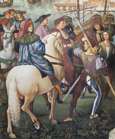 Enea Silvio Piccolomini partiendo hacia Basilea en calidad de secretario del Obispo de Ferrara, detalle de las Historias de Pío II de Bernardino di Betto Pinturicchio