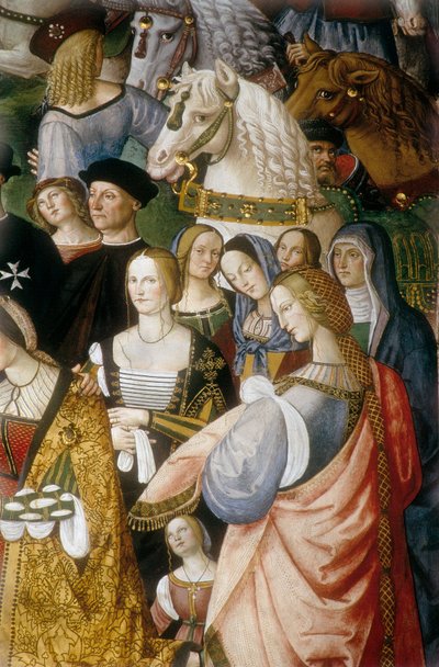 Eneas Silvio Piccolomini presentando a Eleonora de Portugal al emperador Federico III del Sacro Imperio en la Puerta de Camollia en Siena (detalle) de Bernardino di Betto Pinturicchio