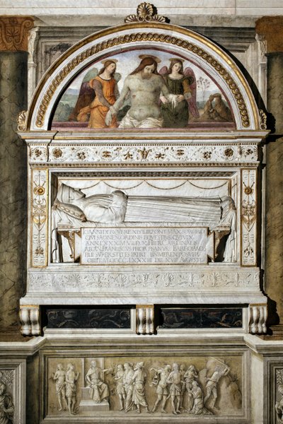 Monumento funerario en homenaje a Giovanni Basso della Rovere (1403-1483) - Arriba “El Cristo muerto sostenido por dos ángeles” - Fresco de Pinturicchio (Bernardino di Betto) (1454-1513) 1484-1492 Roma, Basílica de Santa María de Bernardino di Betto Pinturicchio
