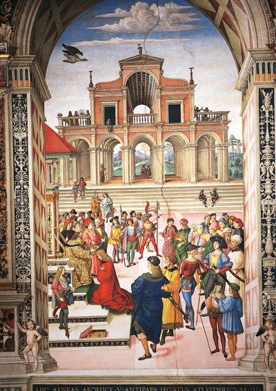 Italia, Siena, Catedral, Biblioteca Piccolomini, Enea Silvio Piccolomini siendo nombrado poeta laureado por el Emperador Federico III, (detalle) de Historias de Pío II de Bernardino di Betto Pinturicchio