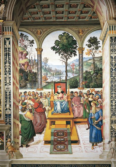Italia, Siena, Catedral, Biblioteca Piccolomini, Enea Silvio Piccolomini dando un discurso ante el rey Jacobo I de Escocia, detalle de Historias de Pío II de Bernardino di Betto Pinturicchio