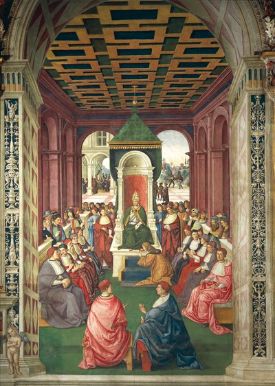 Italia, Siena, Catedral, Biblioteca Piccolomini, Enea Silvio Piccolomini en acto de sumisión al Papa Eugenio IV, (detalle) de Historias de Pío II de Bernardino di Betto Pinturicchio