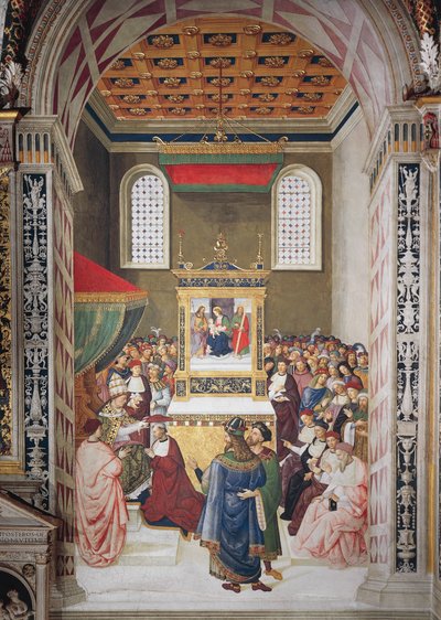 Enea Silvio Piccolomini recibiendo el sombrero de cardenal de Calixto III (detalle) de Bernardino di Betto Pinturicchio