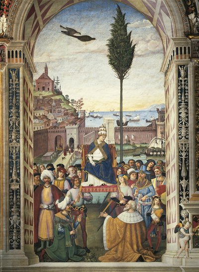 Italia, Siena, Catedral, Biblioteca Piccolomini, Historias de Pío II: Pío II llega a Ancona para acelerar la Cruzada de Bernardino di Betto Pinturicchio
