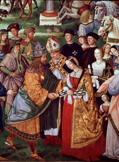 El poeta Enee Silvio Piccolomini presenta a Eleonore de Portugal al emperador Federico III del Sacro Imperio en la Puerta de Camollia. (detalle) de Bernardino di Betto Pinturicchio