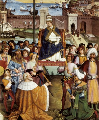 El Papa Pío II bendiciendo las flotas antes de partir de Ancona hacia Tierra Santa el 15 de agosto de 1464 (detalle) de Bernardino di Betto Pinturicchio