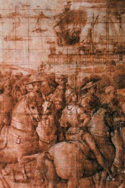 Viñeta preparatoria para "Eneas Sylvius Piccolomini (1405-64) Viajes al Concilio de Basilea" (pluma y tinta sobre papel) (detalle) de Bernardino di Betto Pinturicchio