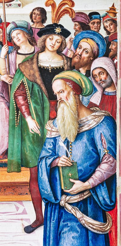 Biblioteca Piccolomini, pared noreste: "Eneas Silvio pronuncia un discurso ante el rey Jaime I de Escocia, invierno de 1435" de Bernardino di Betto Pinturicchio