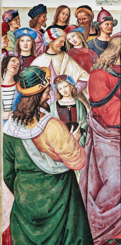 Biblioteca Piccolomini, pared noreste: "Eneas Silvio pronuncia un discurso ante el rey Jaime I de Escocia, invierno de 1435" de Bernardino di Betto Pinturicchio