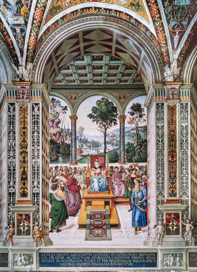 Biblioteca Piccolomini, pared noreste: "Eneas Silvio pronuncia un discurso ante el rey Jaime I de Escocia, invierno de 1435" de Bernardino di Betto Pinturicchio