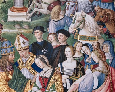 Biblioteca Piccolomini, pared sureste: "Eneas Silvio presenta a Eleonora de Aragón a Federico III, 24 de febrero de Bernardino di Betto Pinturicchio
