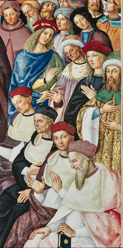 Biblioteca Piccolomini, pared sureste: "Eneas Silvio recibe el sombrero de cardenal del Papa Calixto III, 17 de diciembre de Bernardino di Betto Pinturicchio