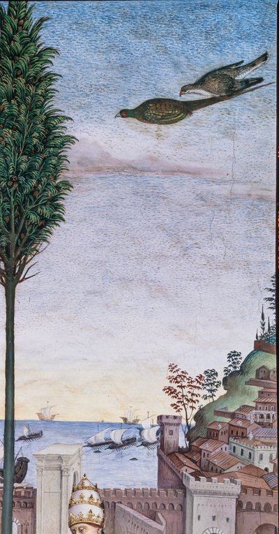 La Biblioteca Piccolomini, pared suroeste: "Pío II bendiciendo la flota a punto de partir de Ancona hacia Tierra Santa" de Bernardino di Betto Pinturicchio
