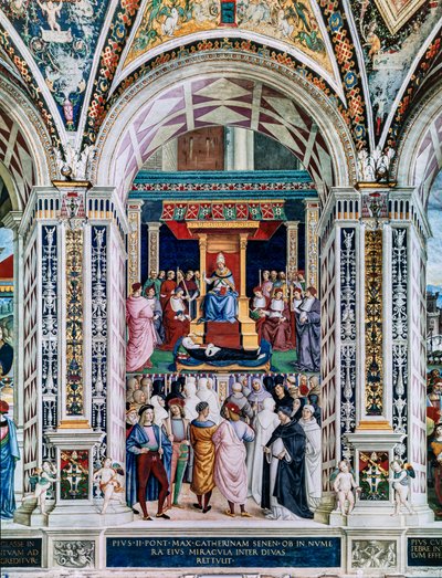 La Biblioteca Piccolomini, pared suroeste: "Pío II canoniza a Santa Catalina de Siena, 29 de junio de Bernardino di Betto Pinturicchio