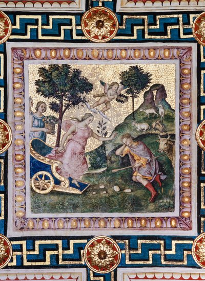 La Biblioteca Piccolomini, el techo: "La violación de Proserpina", fresco de Bernardino di Betto, conocido como Pinturicchio. En el panel, Plutón se aleja corriendo en su carro, Proserpina se agita en sus brazos y uno de los acompañantes de la diosa amenaz de Bernardino di Betto Pinturicchio
