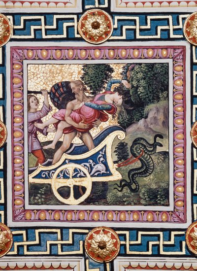 La Biblioteca Piccolomini, el techo: "La violación de Proserpina", fresco de Bernardino di Betto, conocido como Pinturicchio. En el panel, Plutón se aleja a toda prisa en su carro, Proserpina se agita en sus brazos y uno de los acompañantes de la diosa ame de Bernardino di Betto Pinturicchio