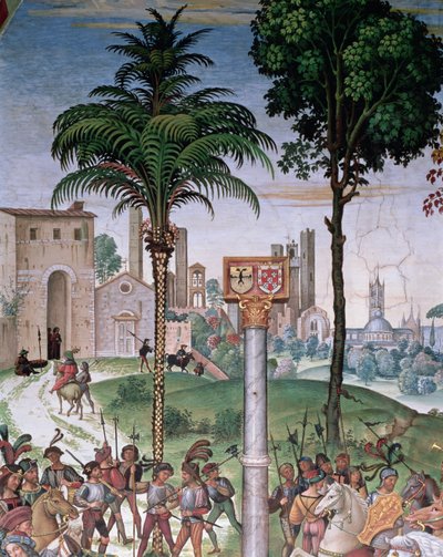 Vista de Siena con la Catedral y Porta Camollia, detalle de "Aeneas Sylvius Presents Eleonora of Aragon to Frederick III, 24th February 1452 de Bernardino di Betto Pinturicchio