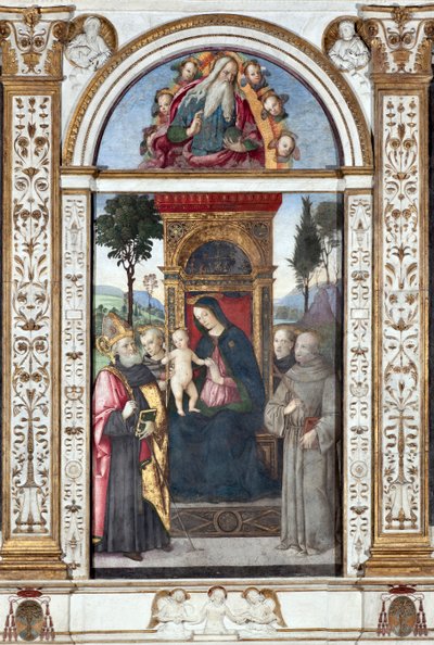Virgen con niño y San Agustín, San Francisco y San Antonio de Padua - Fresco por Pinturicchio (Bernardino di Betto) (1454-1513) 1484-1492 Roma, Basílica de Santa Maria del Popolo, Capilla Basso della Rovere Italia de Bernardino di Betto Pinturicchio