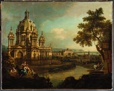 Un capricho con una iglesia con cúpula y edificios en Pirna, c.1765 de Bernardo Bellotto