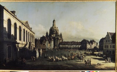""Vista de la Plaza del Mercado Nuevo de Dresden"" (Neumarkt de Dresden) Podemos ver la Iglesia de Nuestra Señora (Notre-Dame) (Frauenkirche) Pintura de Bernardo Bellotto (1720-1780) 1747 Dim. 134x236 cm Museo de la 