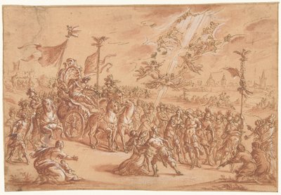 Un santo obispo se arrodilla junto a la procesión de un imperator romano de Bernardo Castello (attributed to)