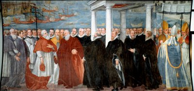 El Dogo de Génova Giacomo Durazzo Grimaldi (circa 1503-1579) recibe al Cardenal Giovanni Morone en el puerto de Génova Fresco de Bernardo Castello (1557-1629) siglo XVI Génova, Museo di Sant 
