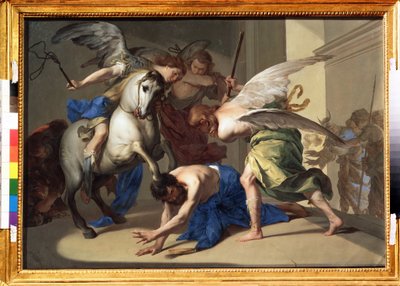 "La expulsión de Heliodoro del templo" Heliodoro (Heliodoros) es expulsado del templo por haber intentado, a instancias de su gobernante, apoderarse de los tesoros del templo de Jerusalén. Pintura de Bernardo Cavallino de Bernardo Cavallino