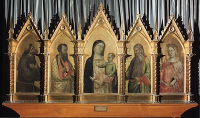 Virgen y niño con santos Francisco, Bartolomé, San Juan y Santa Catalina de Alejandría - temple sobre tabla de Bernardo Daddi