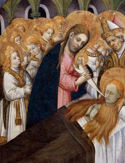 Muerte de María Magdalena, detalle del retablo de Santa María Magdalena, por Bernat Martorell, arte gótico catalán de Bernardo Martorell