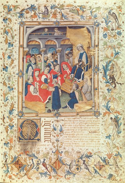 El autor presenta su libro a los concejales de Barcelona en presencia de la reina María, esposa de Alfonso V de Bernardo Martorell