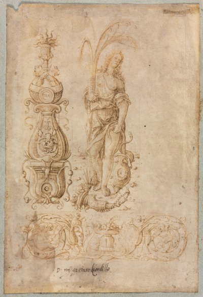 Diseño para un Candelabro, Figura Alegórica de la Abundancia, Diseño de Relieve Ornamental, c. 1490s de Bernardo Parentino