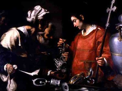 San Lorenzo distribuye su riqueza a los pobres de Bernardo Strozzi
