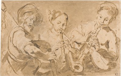 Tres músicos tocando las trompas y la gaita de Bernardo Strozzi