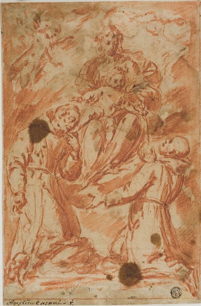 La Virgen y el Niño en la gloria adorados por dos santos monjes de Bernardo Strozzi