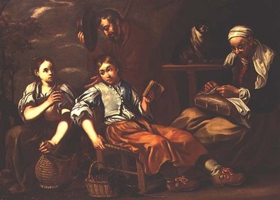 Una anciana bordando, un niño leyendo y una niña ofreciendo una bebida a un anciano fuera de una cabaña de Bernardt Keil or Keyl