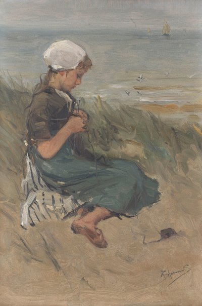 Chica tejiendo en las dunas de Bernardus Johannes Blommers