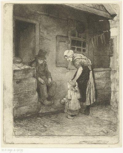 Una mujer con un niño pequeño se para con un anciano sentado frente a la casa del trabajador de Bernardus Johannes Blommers