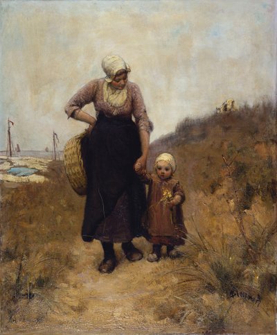 Madre e Hijo en un Camino junto al Mar de Bernardus Johannes Blommers or Bloomers