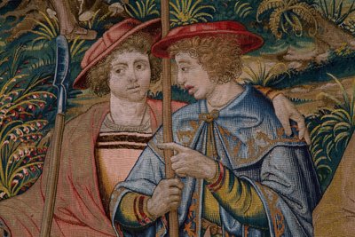 Tapiz flamenco. Serie La fundación de Roma: Faustulus conoce a Rómulo y Remo. Dibujante Barend van Orley (?). Fabricación de Bruselas. 1525-1530. Detalle. de Bernart van (attr. to) Orley