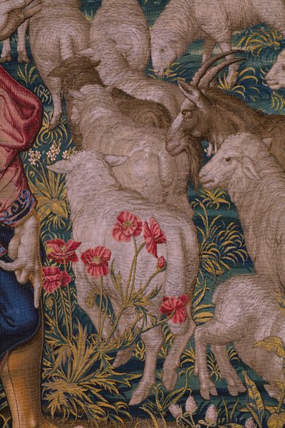 Tapiz flamenco. Serie La fundación de Roma: Faustulus conoce a Rómulo y Remo. Dibujante Barend van Orley (?). Fabricación de Bruselas. 1525-1530. Detalle. de Bernart van (attr. to) Orley